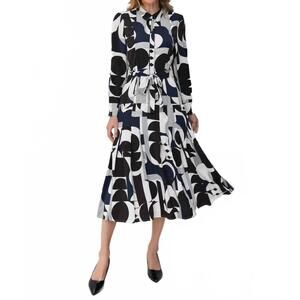 NEW MISS FINCH NYC abstract harmony shirt midi dress in navy white